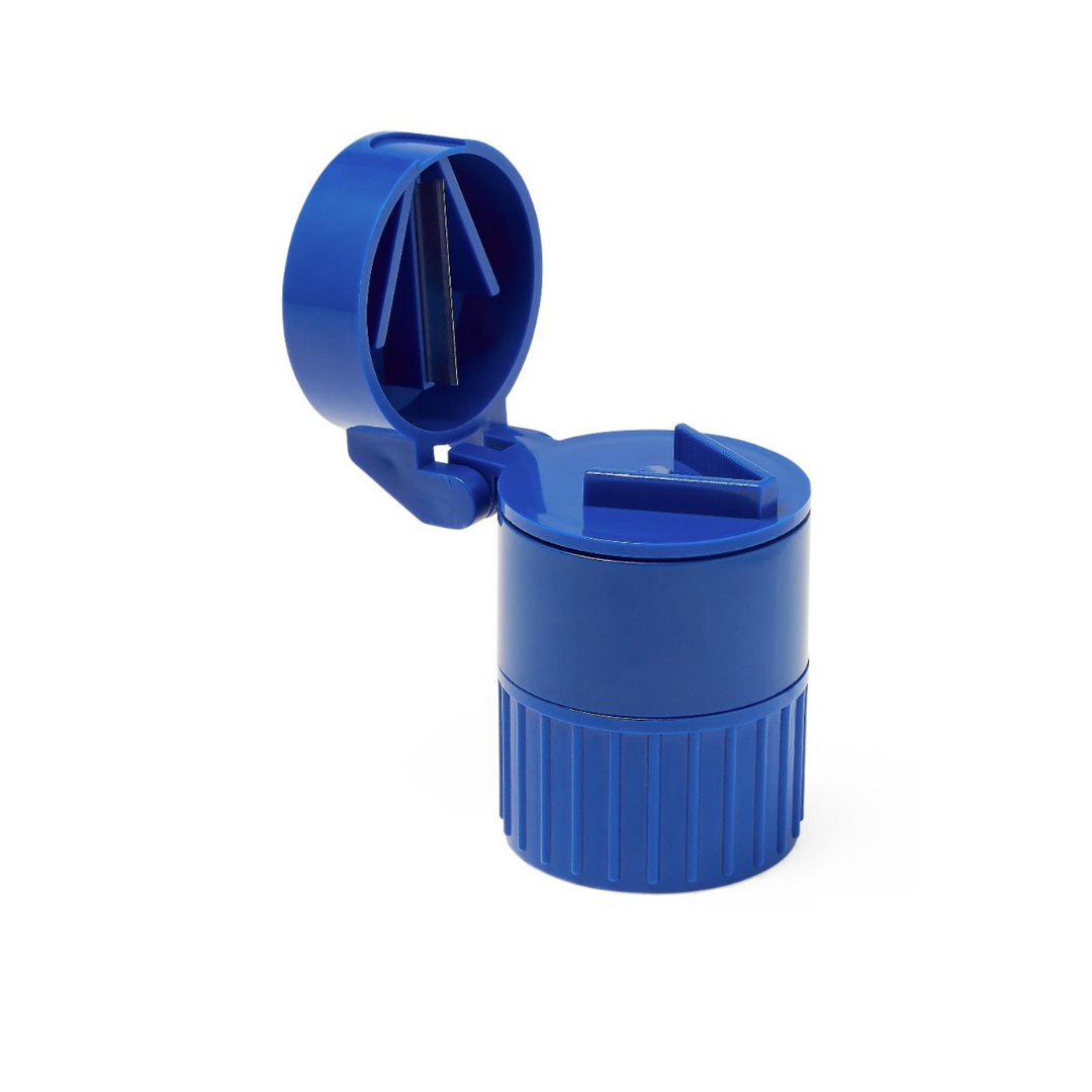 The Medline Pill Crusher and Splitter Combo Device, shown on a white background with its blue plastic lid open, reveals a built-in blade designed for precise medication management.